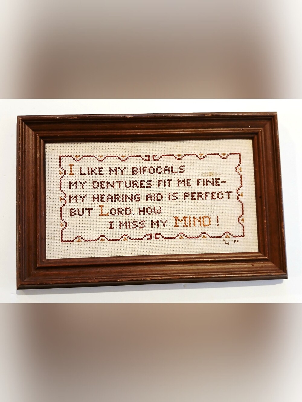 Vintage Framed Brown Wooden Cross-Stitch Plaque with Humorous Quote